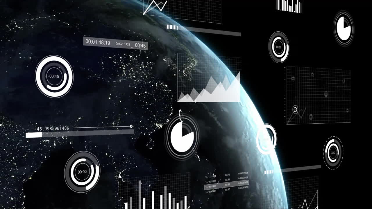 animación del procesamiento de datos financieros en todo el mundo sobre un fondo oscuro