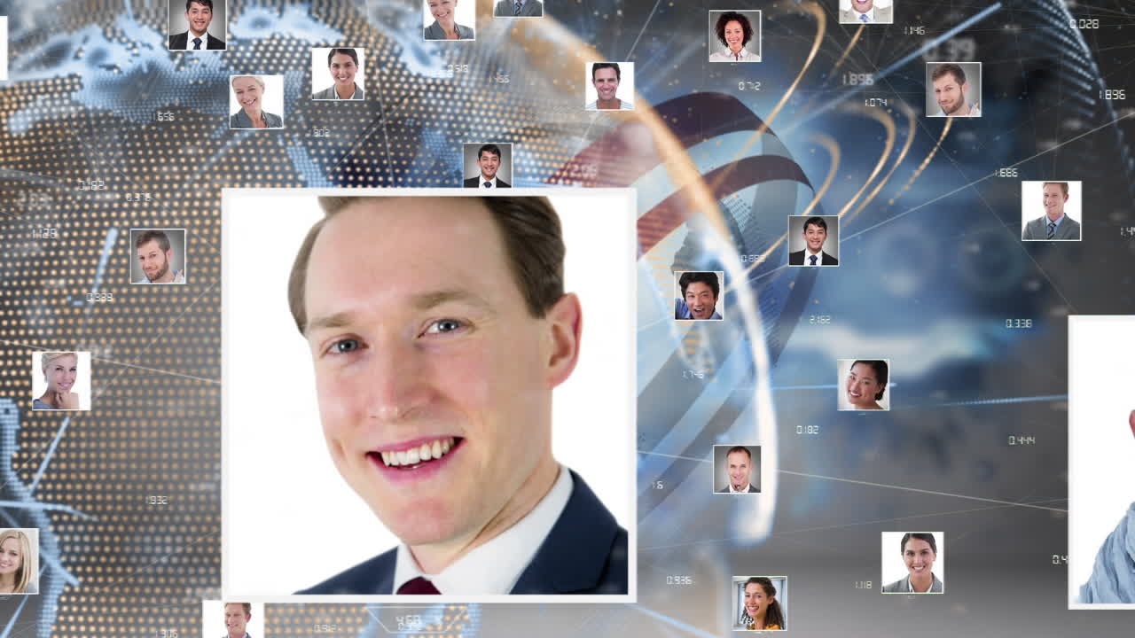 사용자 사진의 애니메이션, 데이터 처리 및 회색 배경의 지구