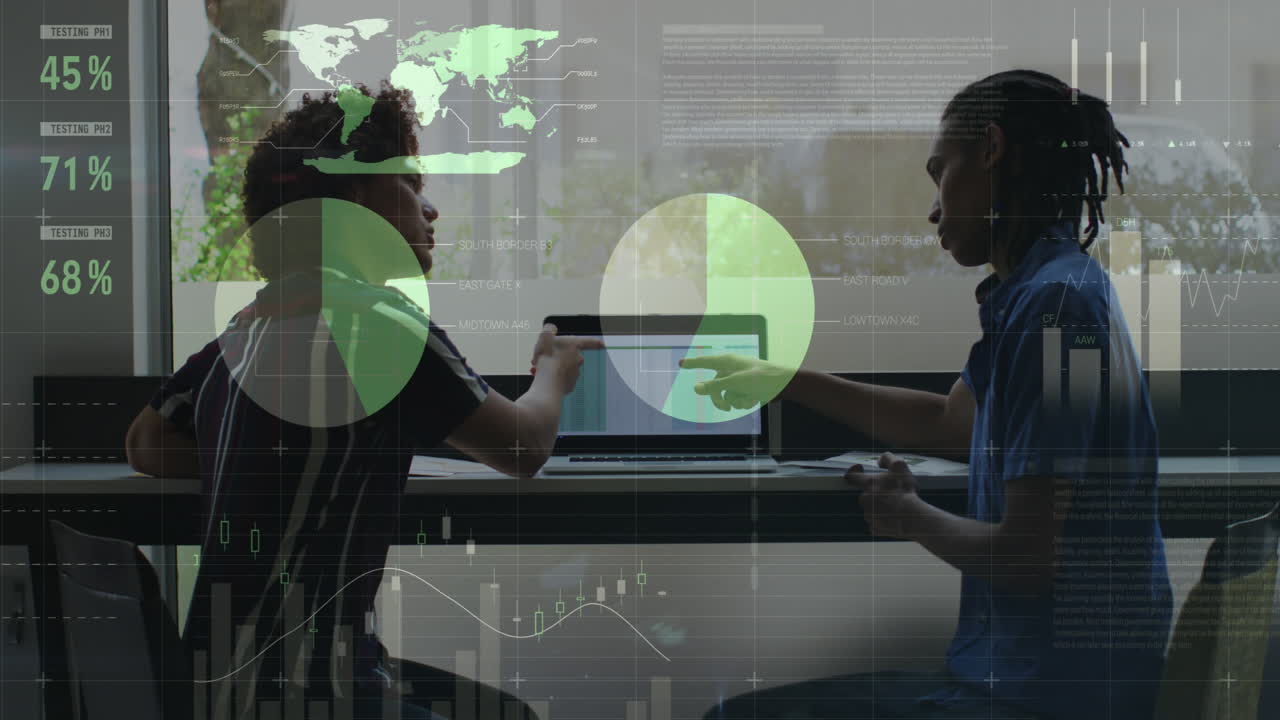 Animation of data processing over diverse business people using laptop