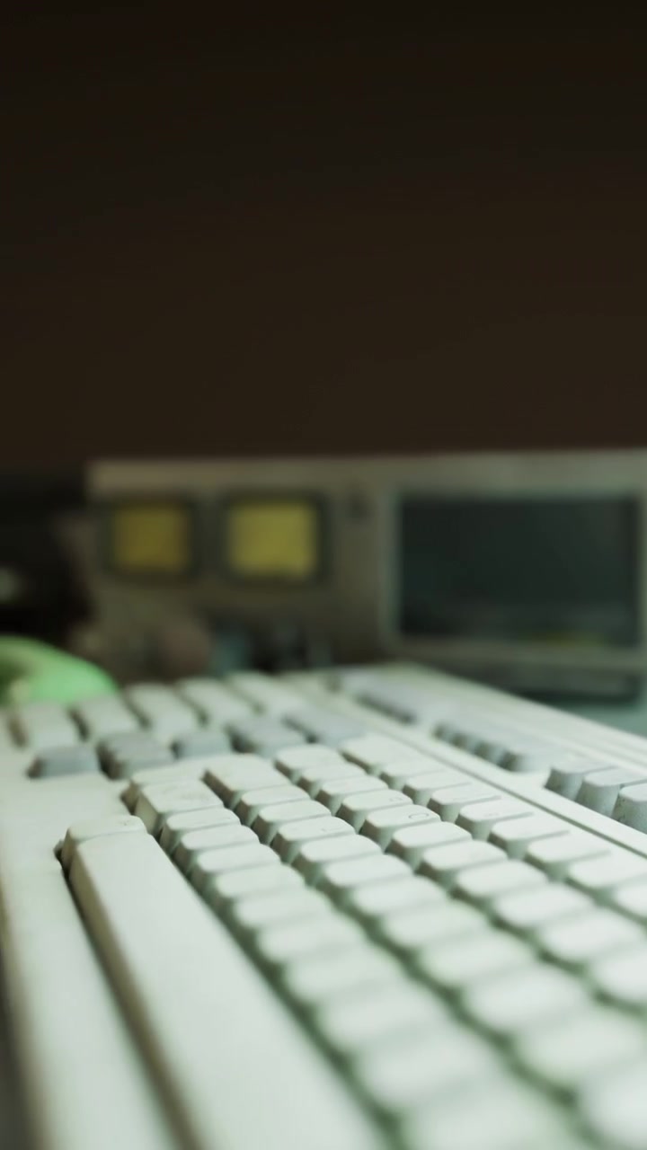 Close view of a computer keyboard and equipment in an office setting at night