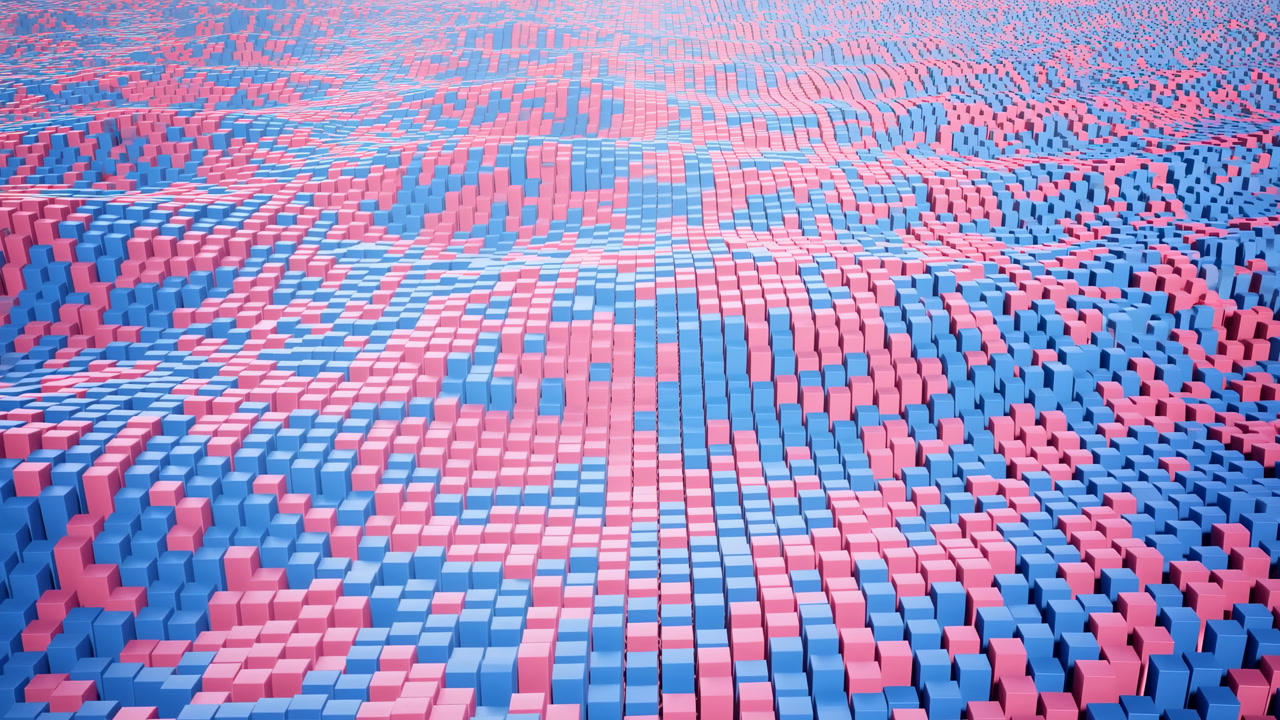 Colorful Pink Blue Pixelated Landscape Rippling With Glossy Cubes Forming Undulating Mosaic Pattern,