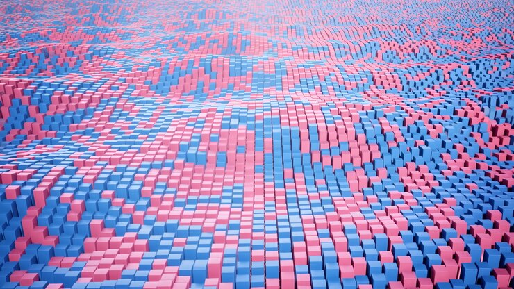 Colorful Pink Blue Pixelated Landscape Rippling With Glossy Cubes Forming Undulating Mosaic Pattern,
