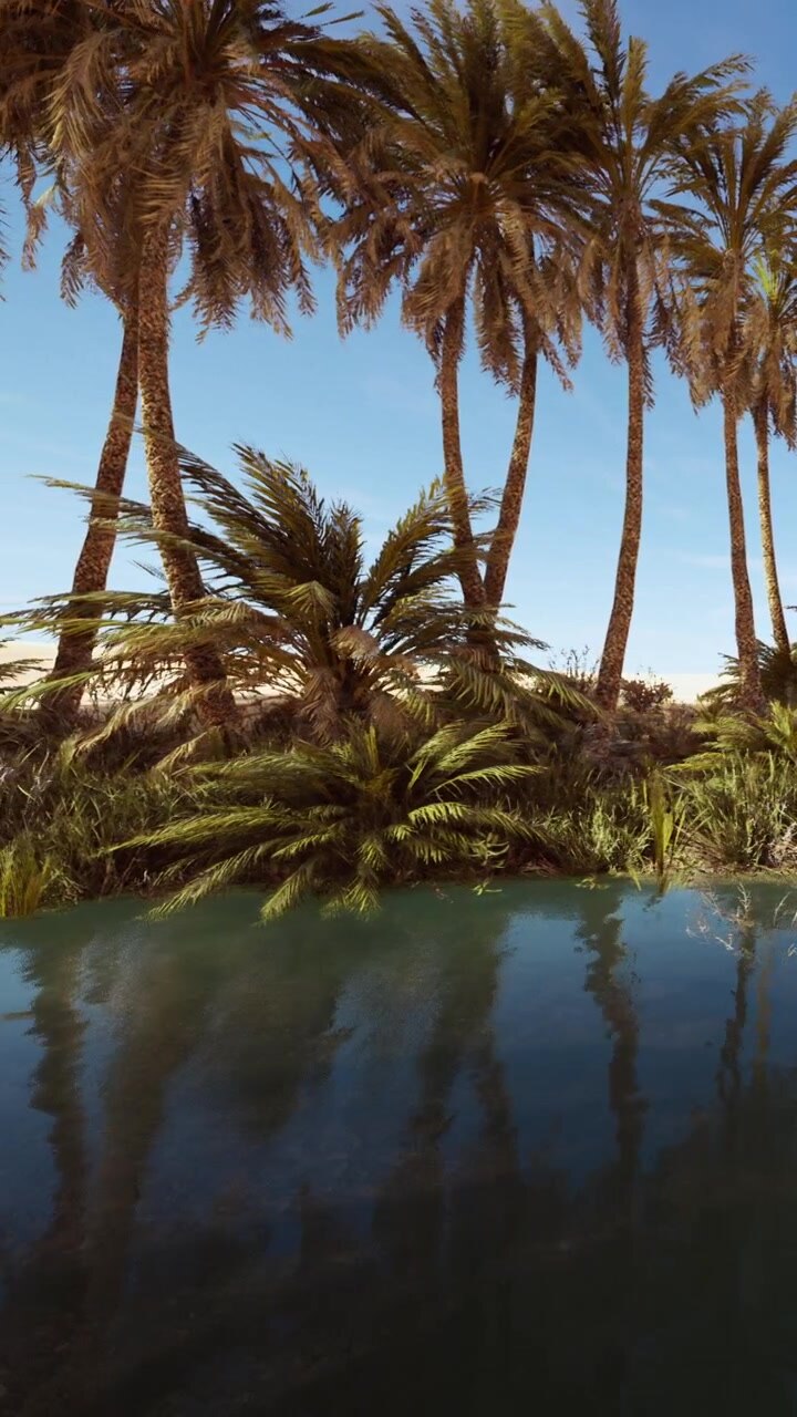 Palm trees and water reflect in a desert oasis on a sunny day