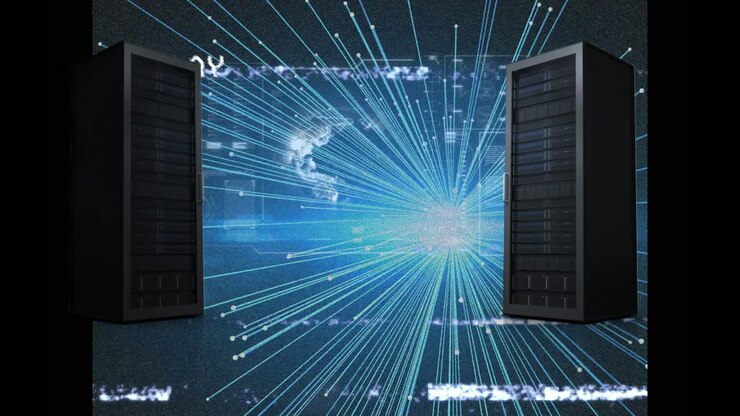 Animation of playback interface with interference over servers, globe and blue laser beams