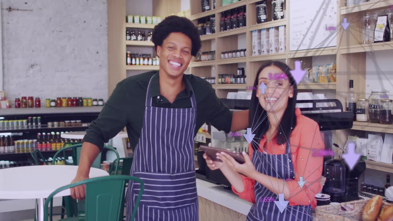 animación de números y procesamiento de datos sobre parejas diversas utilizando tableta en la tienda.