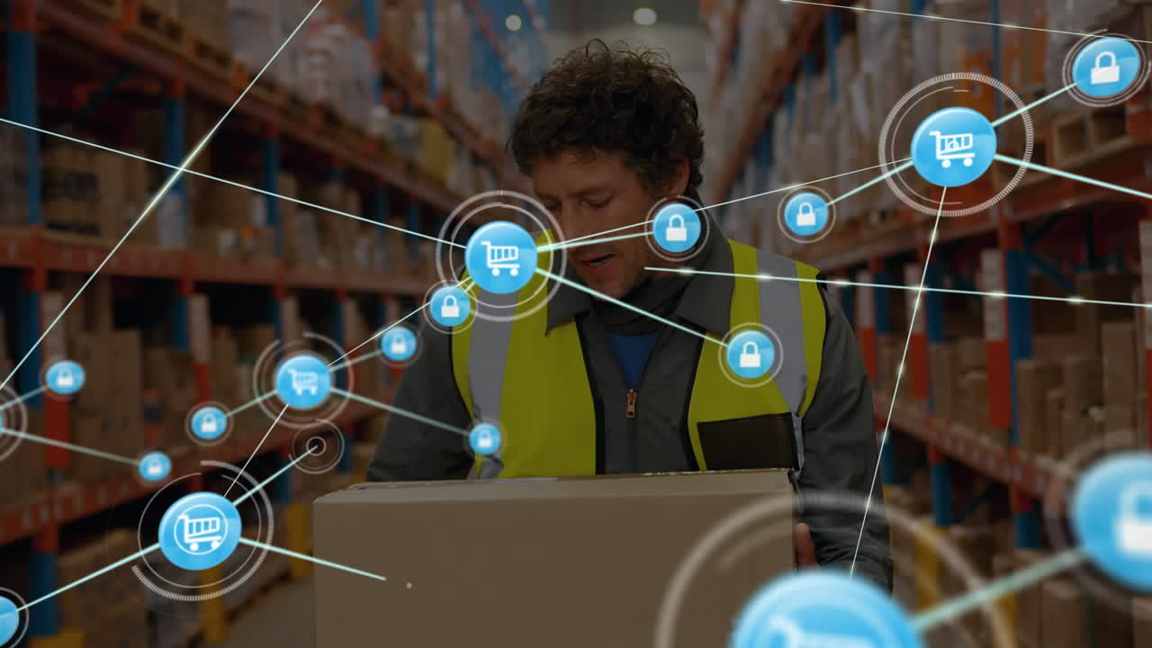 animación de una red de iconos de perfil sobre un trabajador caucásico que lleva una caja de entrega en un almacén