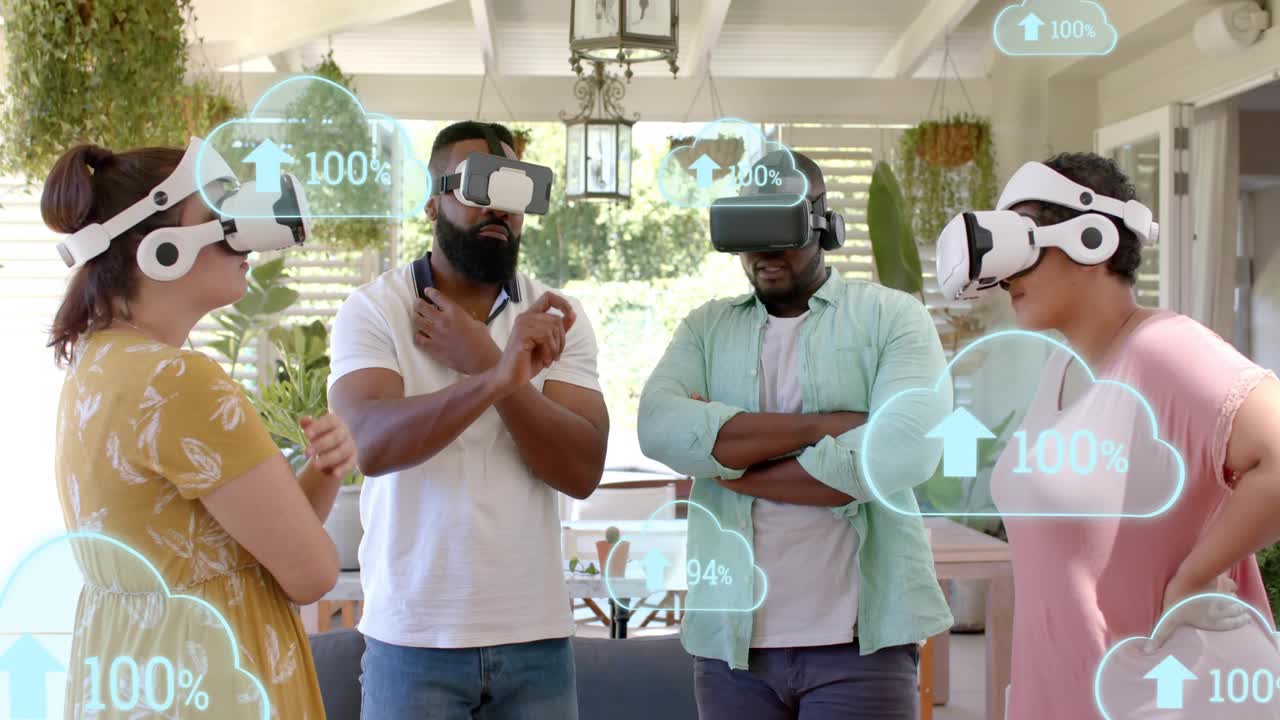 Four adults with VR headsets, center-left tapping, causing tech HUD syncing percent values to 100%