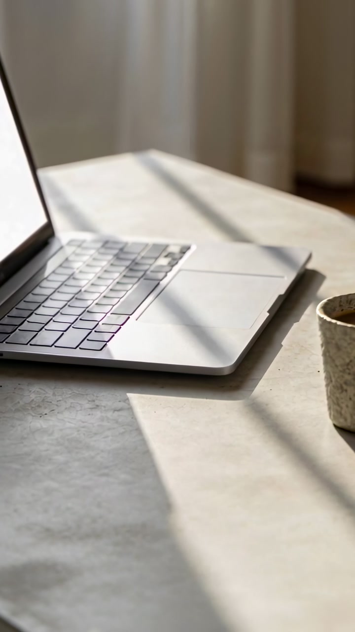 Vertical video: Pulling back camera revealing silver laptop and ceramic mug at home desk, sunlight