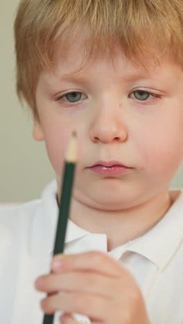 serious toddler boy studies green crayon turning pencil in hands closeup. little child chooses pencil for picture drawing in kindergarten class