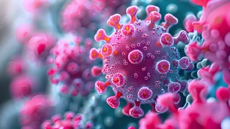microscopic view of a virus (likely coronavirus)