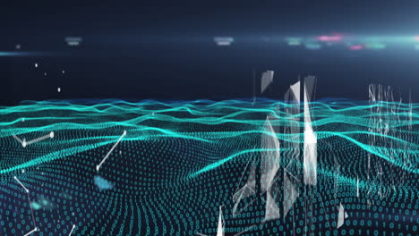 screens of network of connections and digital wave against blue background