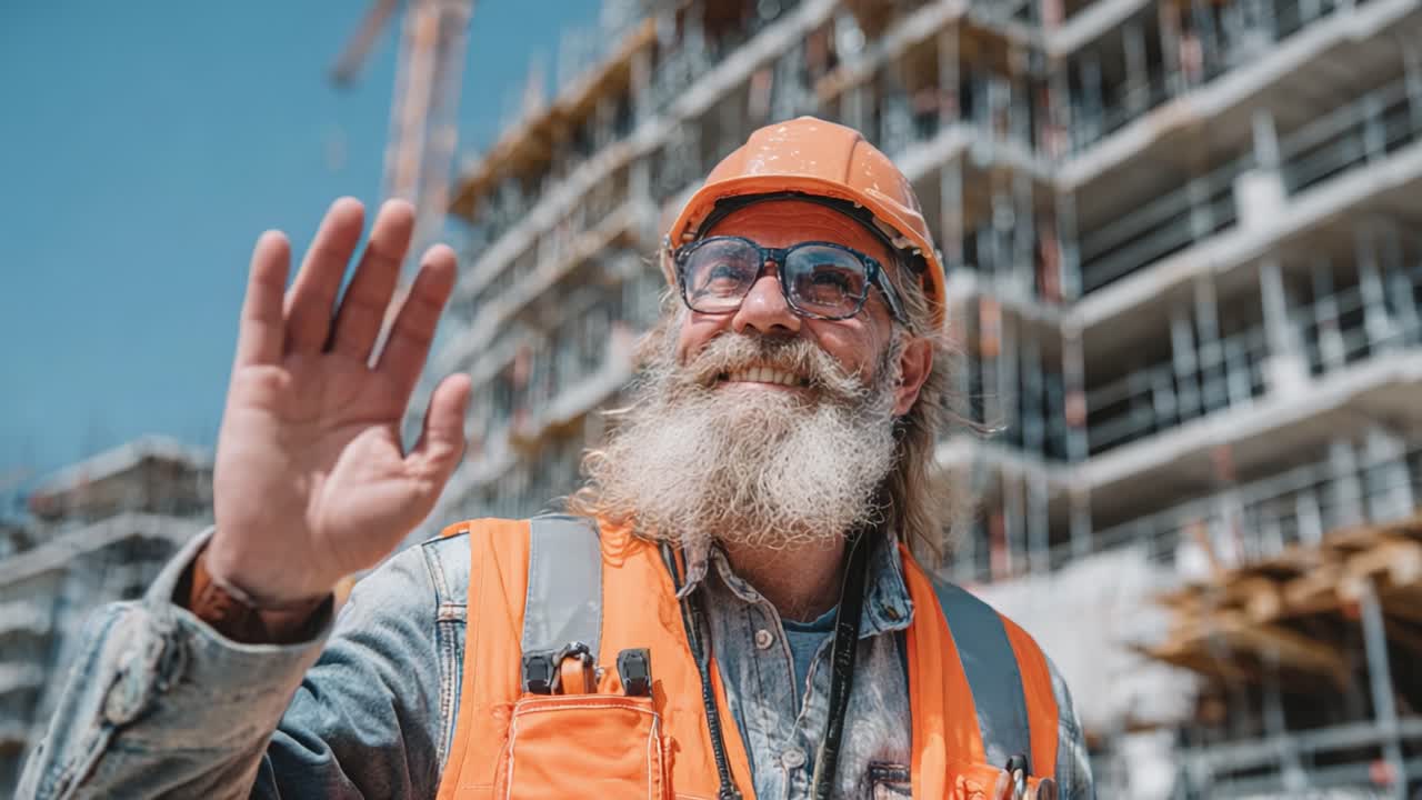 Un esperto operaio edile, con un sorriso caloroso e un cenno della mano, si erge orgoglioso davanti a un cantiere edile, mostrando la dedizione e lo spirito dell'industria delle costruzioni