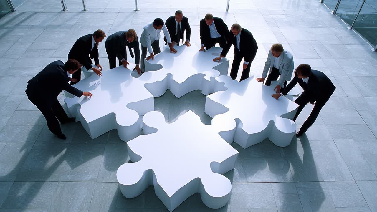 Collaborative Teamwork in Business: Executives Strategically Positioning Giant Puzzle Pieces to Solve Complex Problems in a Modern Office Environment