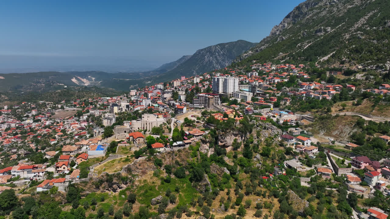Aerial view orbiting the Castle of Kruja, sunny day in Krujë, Albania