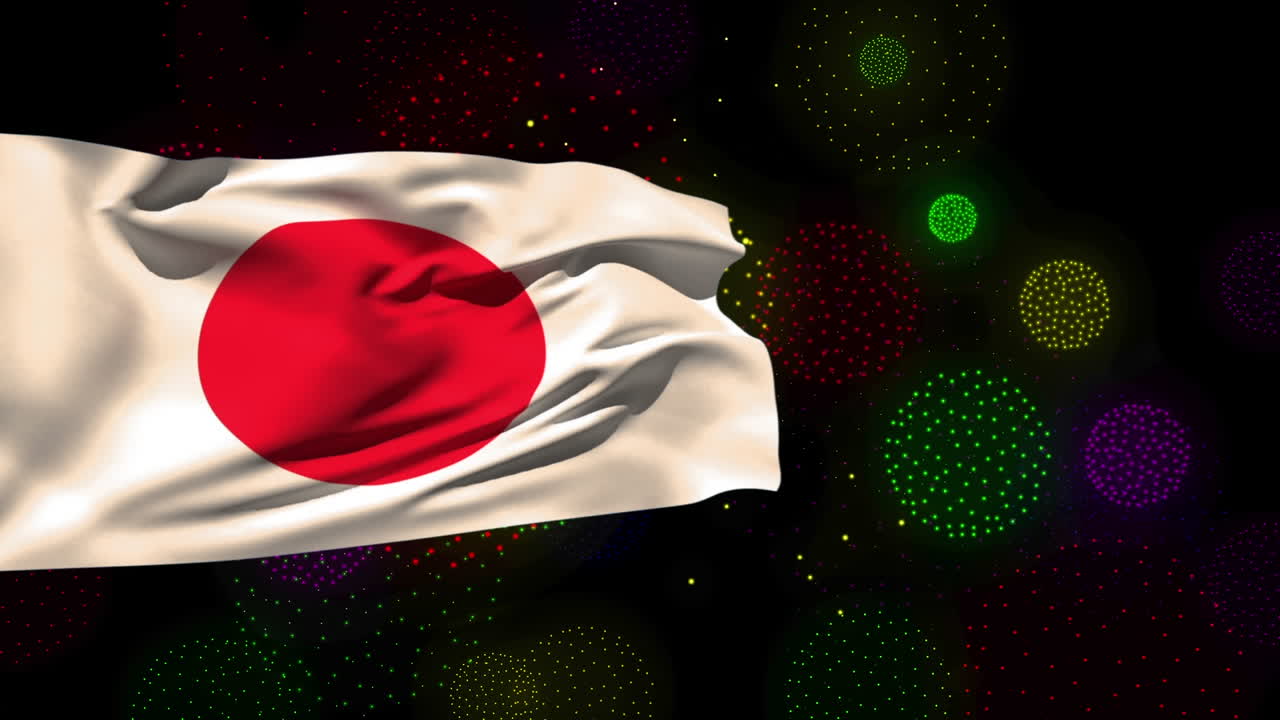 animación de la bandera de japón sobre formas y fuegos artificiales en fondo negro.