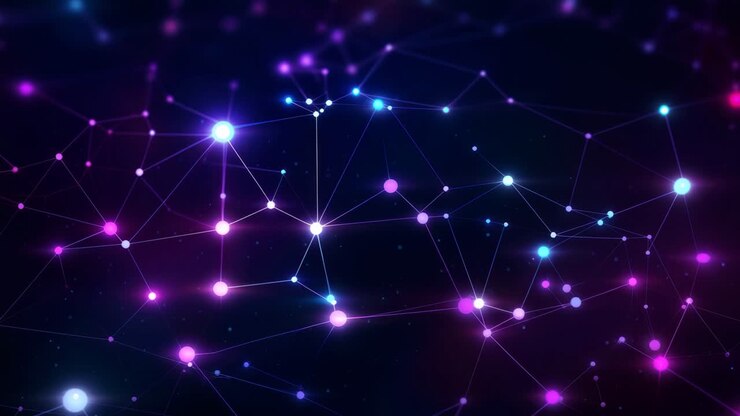 Futuristic network concept with glowing nodes and lines on a dark background