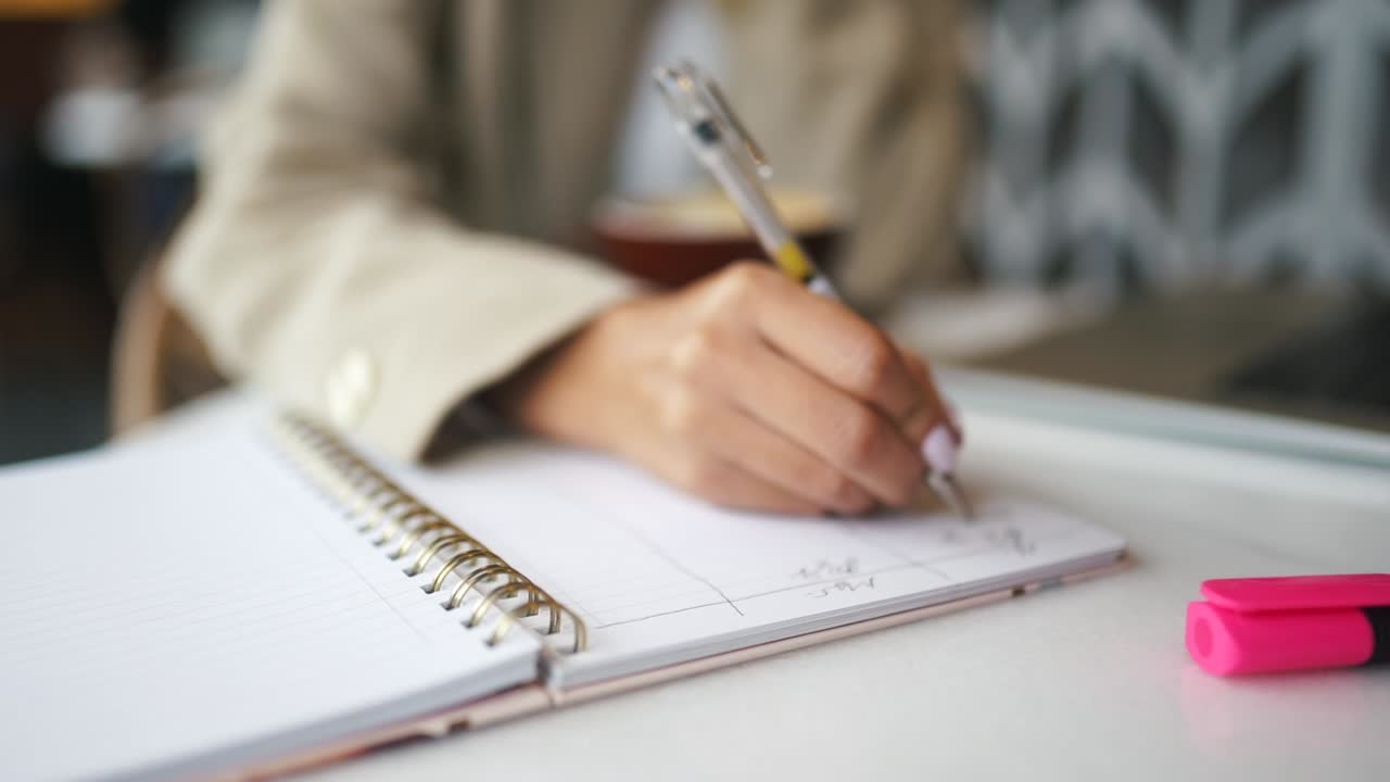 Woman Writing in a Notebook in a Cafe