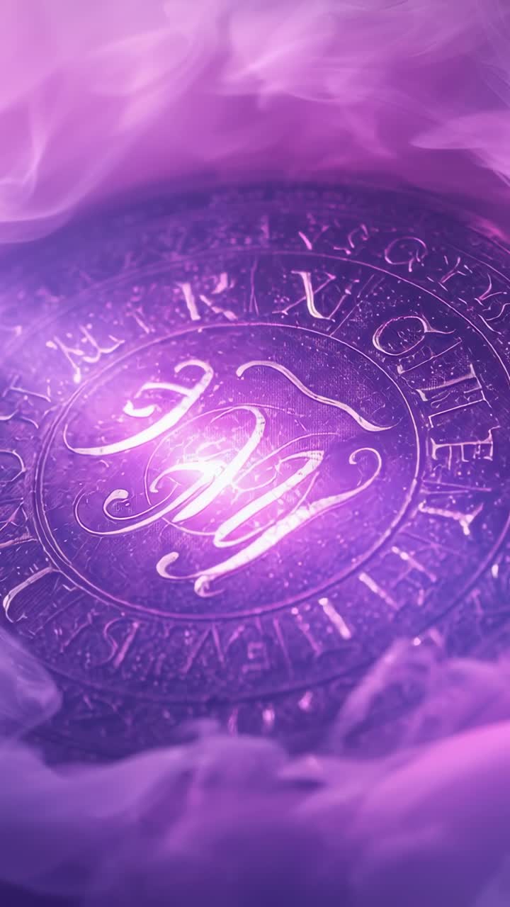 Video verticale: Emblema che si illumina rivelando il bordo, medaglione che pulsa su un cuscino in una nebbia viola.
