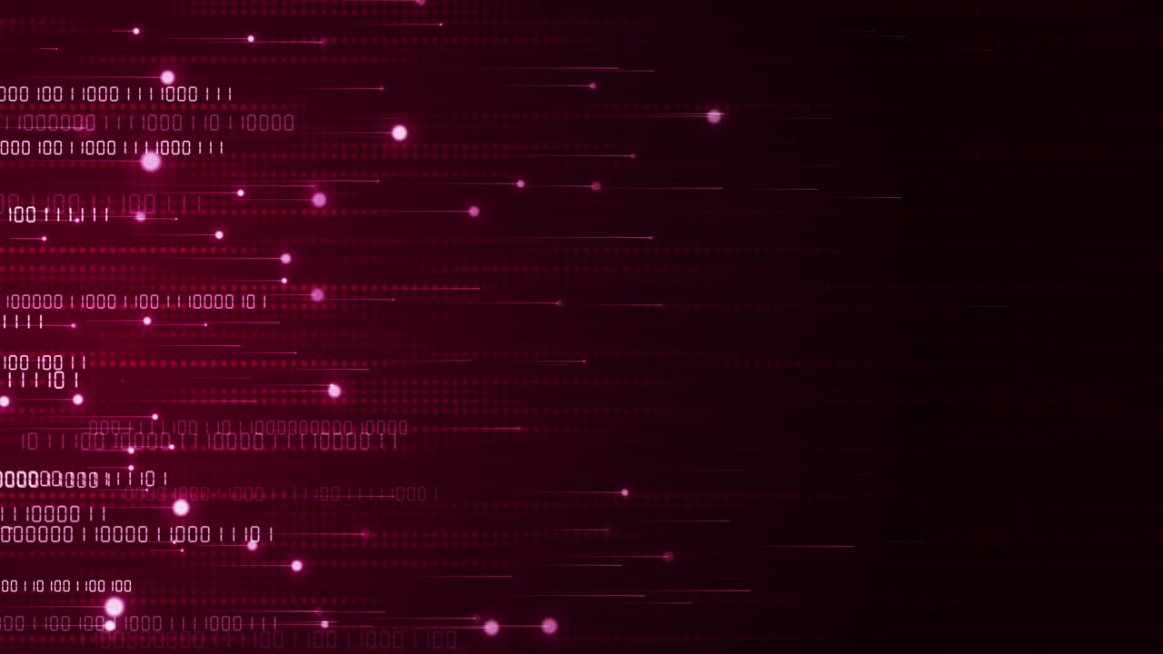 Horizontal neon beams. Movement of numbers and glowing particles on red technology background. Points and pixels in lines. Looped animation.