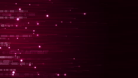 horizontal neon beams. movement of numbers and glowing particles on red technology background. points and pixels in lines. looped animation.