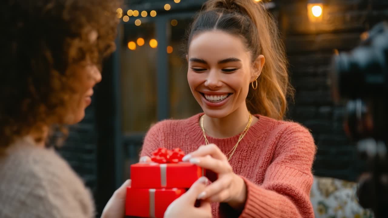 A Joyful Exchange of Gifts: Two Friends Celebrate a Special Moment Together, Filled with Laughter and Happiness, as One Friend Presents a Beautifully Wrapped Red Box to the Other in a Warm Outdoor Setting