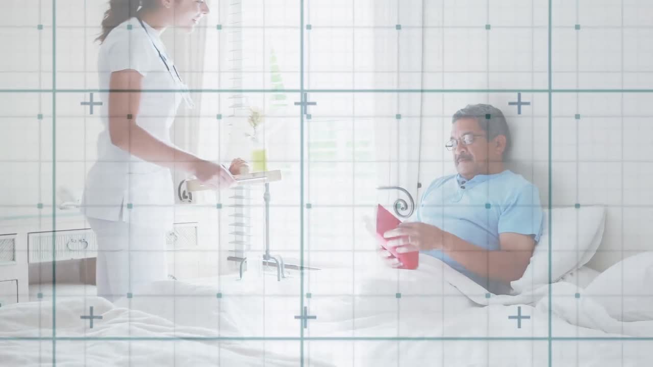 고령 환자를 돌보는 백인 여성 의사에 대한 데이터 처리 애니메이션