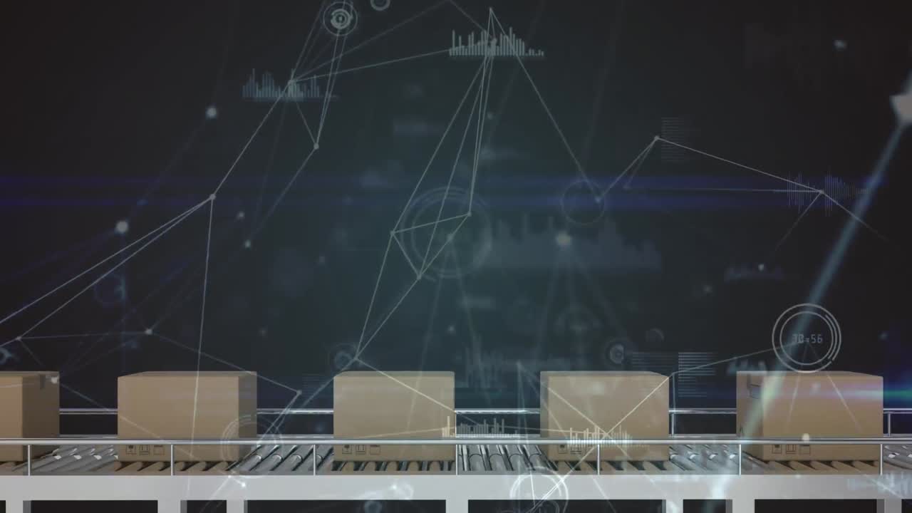 컨베이어 벨트에 있는 상자 위의 연결 네트워크의 애니메이션