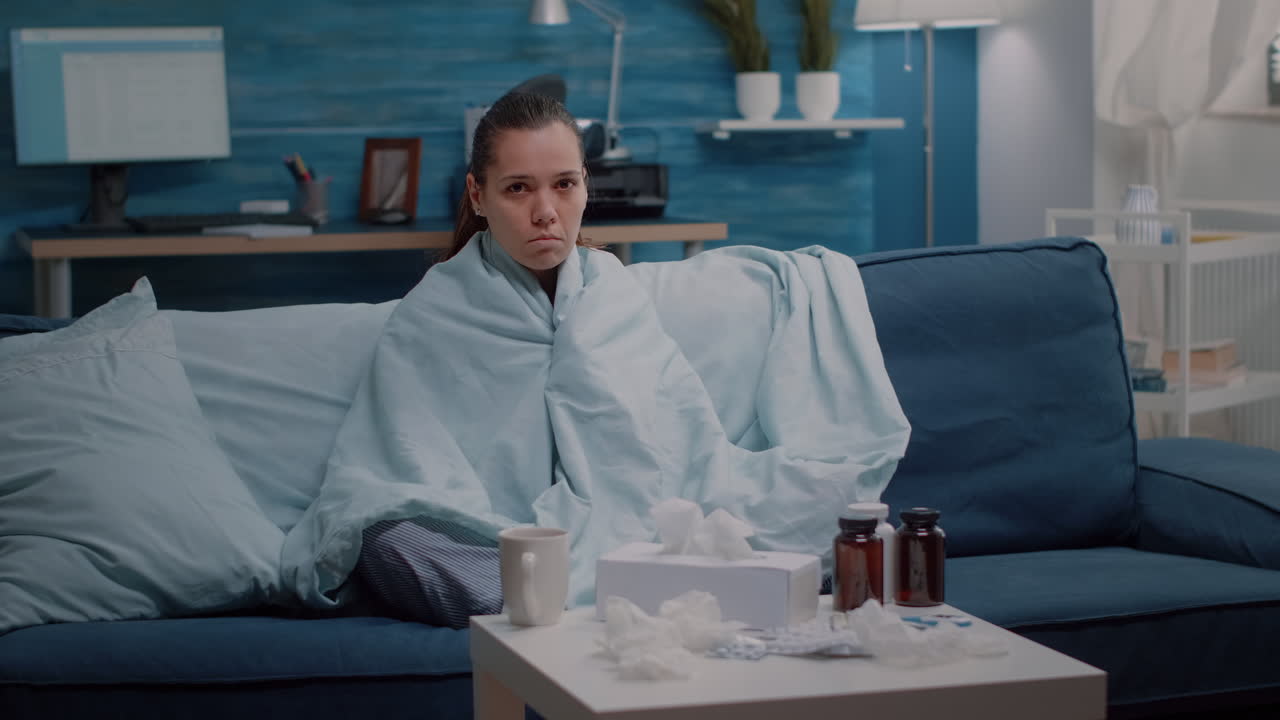 Unwell woman with flu symptoms looking at camera