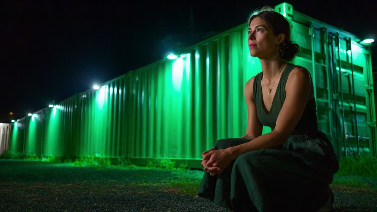Um momento contemplativo em um ambiente com pouca luz, apresentando uma mulher absorta em pensamentos perto de uma fileira de contêineres de transporte iluminados em verde, capturando a essência da solidão e da reflexão na noite