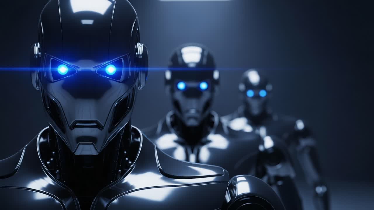A Captivating Glimpse into the Future of Technology: A Lineup of Futuristic, Advanced Robots with Glowing Blue Eyes Displaying Unique Designs and Intricate Details