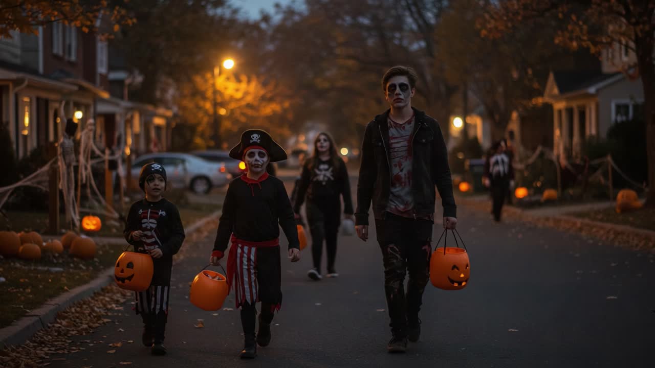 A Spooky Halloween Night: Children in Costumes Trick-or-Treating with Jack-o'-Lanterns in a Festively Decorated Neighborhood Under Dim Street Lights