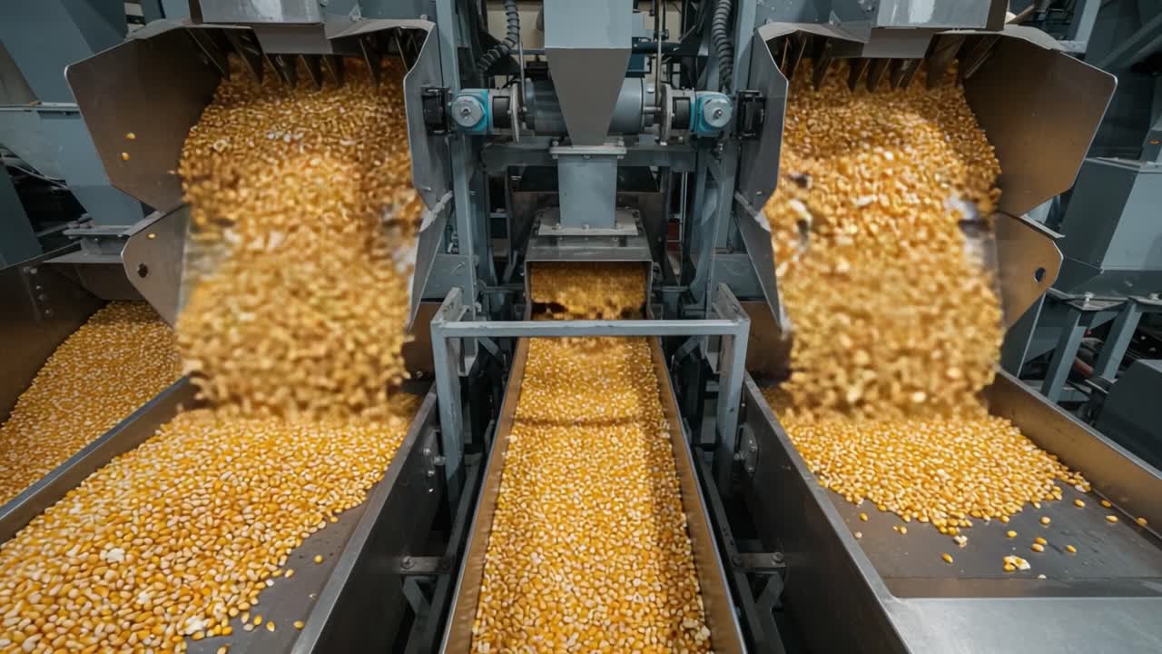 Processo di produzione automatizzato che mostra chicchi di mais che scorrono attraverso macchinari in un ambiente di fabbrica, catturando la trasformazione da ingredienti grezzi a output elaborato