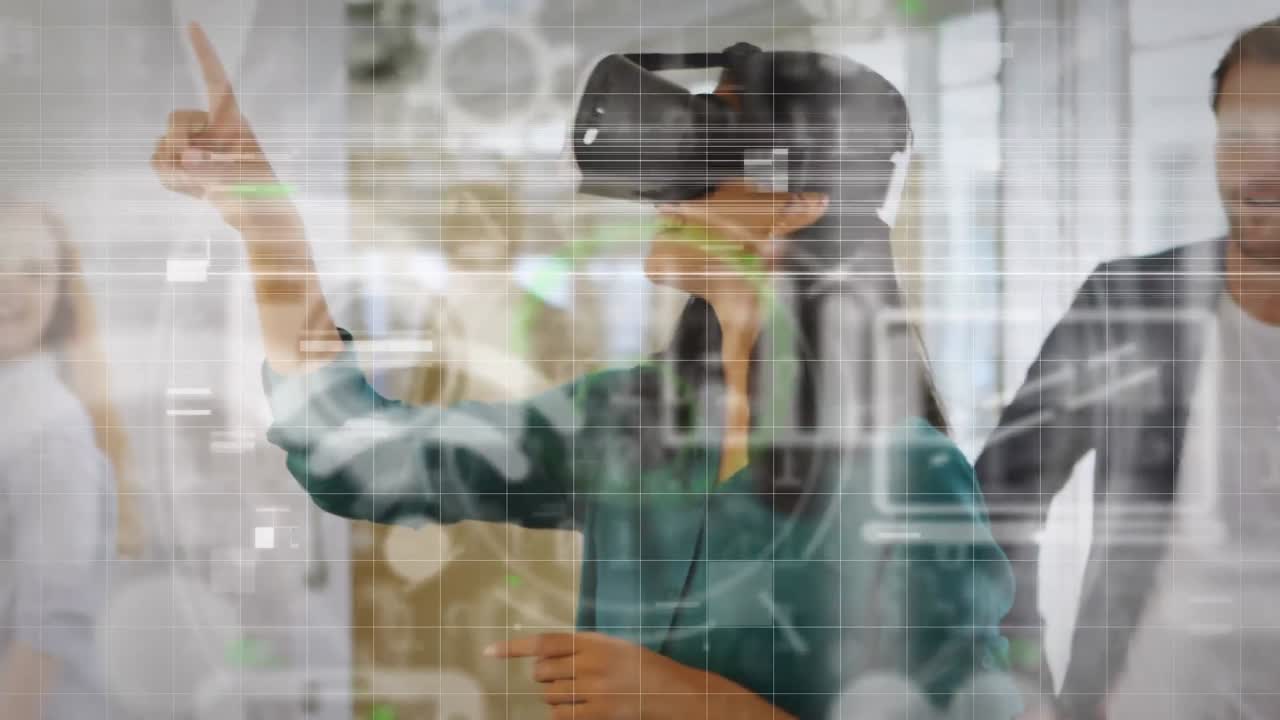 Animation of social media icons over diverse colleagues and mixed race woman wearing vr headset