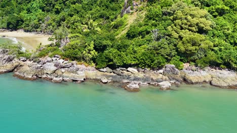 aerial drone camera ascends over vibrant rainforest, rocky shoreline, and turquoise water near a secluded beach in bright daylight, revealing sweeping coastal scenery