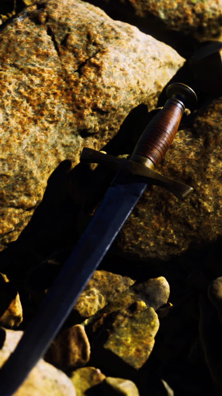 Spada antica appoggiata su rocce frastagliate vicino alla riva di un fiume durante l'ora d'oro