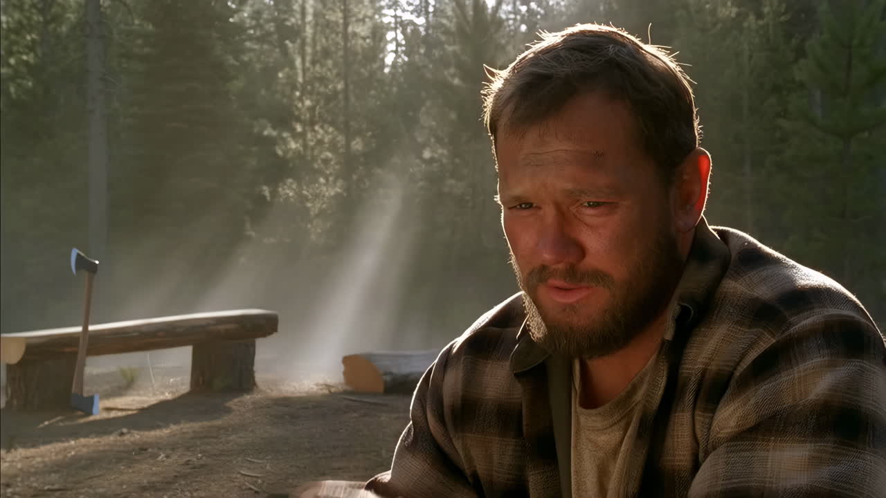 Man in plaid shirt looking distressed in a forest setting with an axe