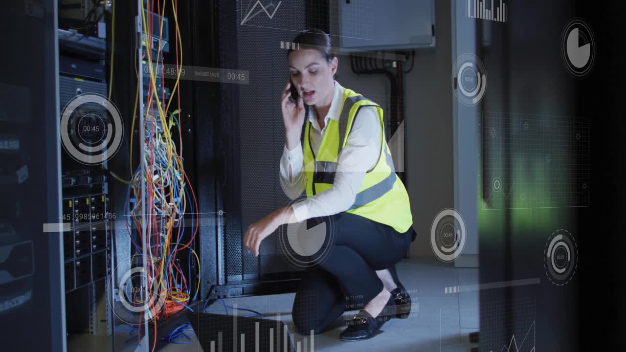 Technician talking on phone, inspecting cables, data processing animation over scene