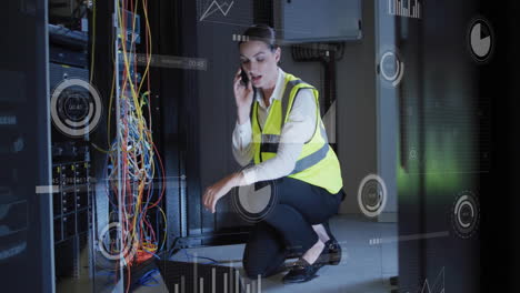 technician talking on phone, inspecting cables, data processing animation over scene