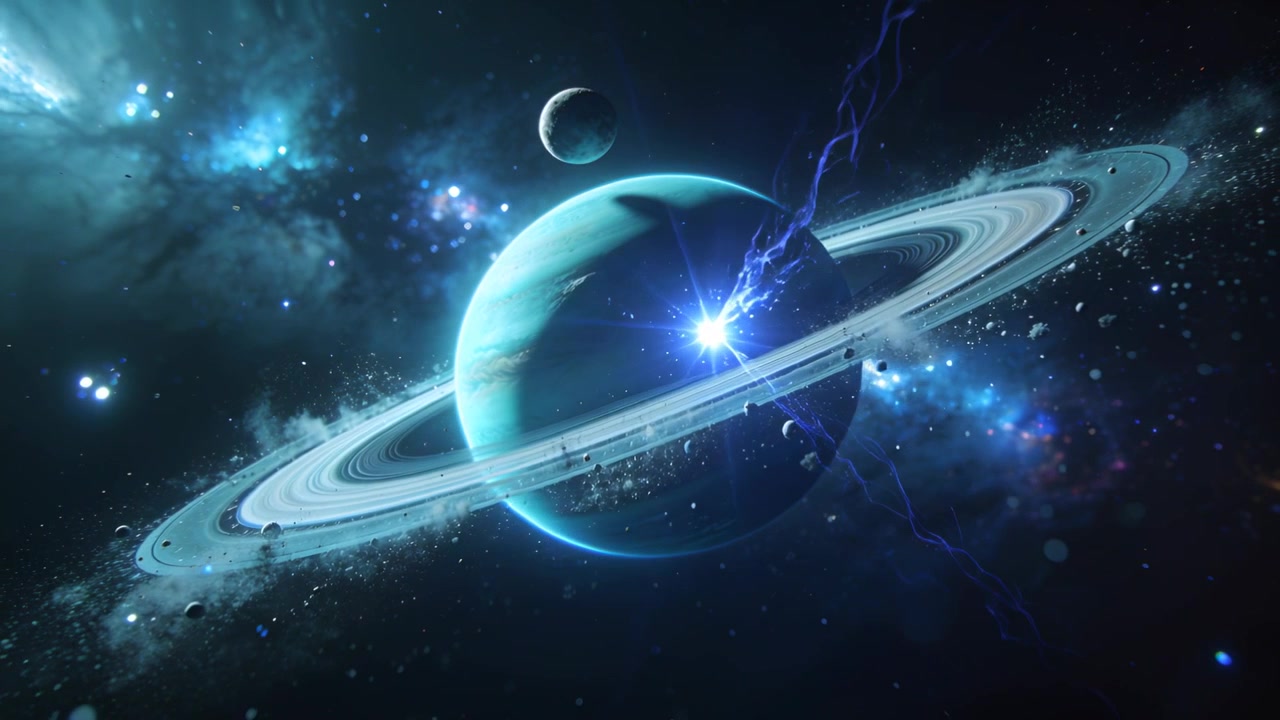 Rotating ringed giant in space with moon reacting to blue spark on right ring, releasing arcs