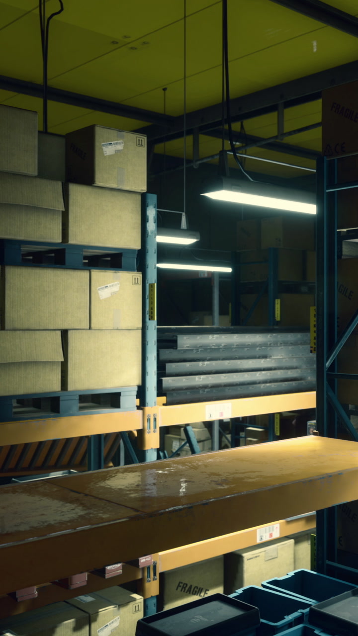 Storage space filled with boxes and shelves in a dimly lit warehouse area