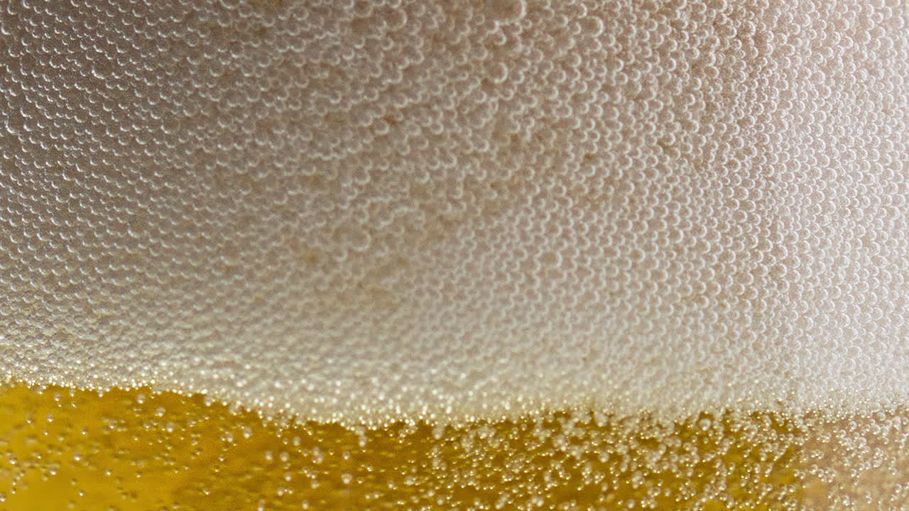 Foamy beer sizzling bubbling transparent glass closeup.Blebs froth raising up