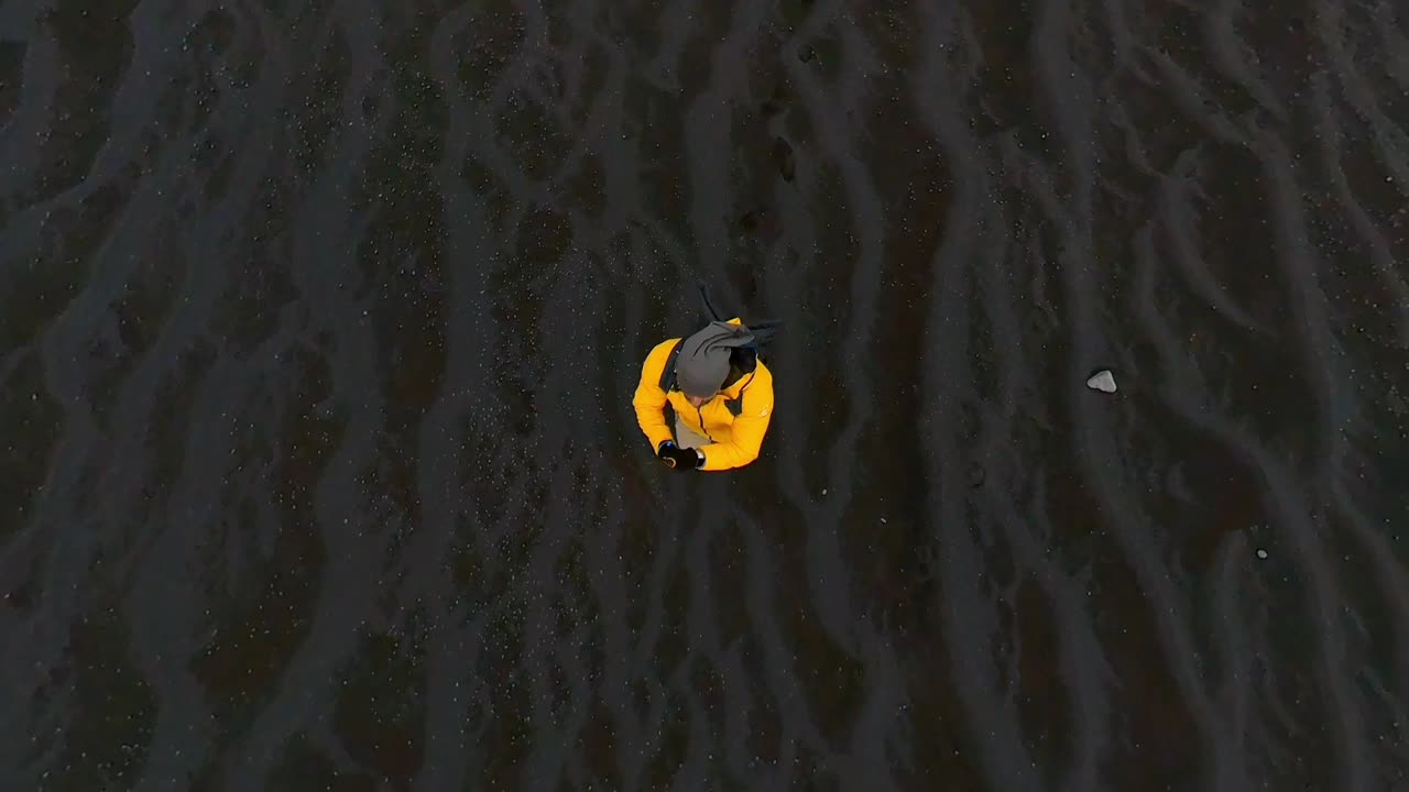 walking along Reynisfjara Black Sand Beach overhead view