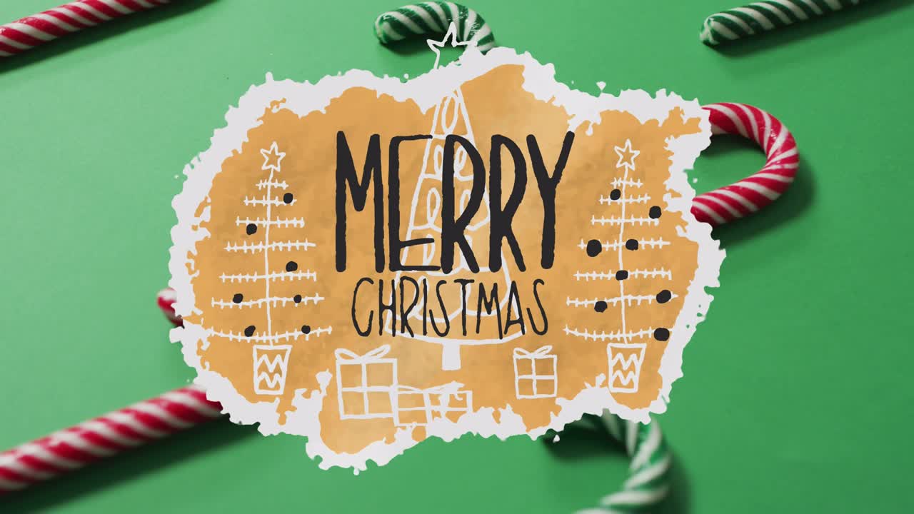 animación de texto de feliz navidad sobre caña de caramelo de navidad