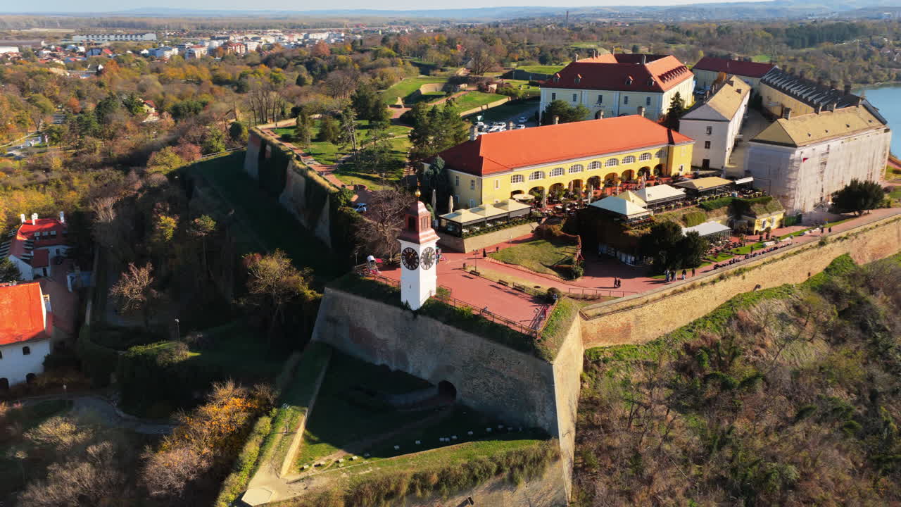 Aerial drone view of the Petrovaradin Fortress, one of Serbia's most iconic landmarks, overlooking the Danube. Novi Sad, Serbia