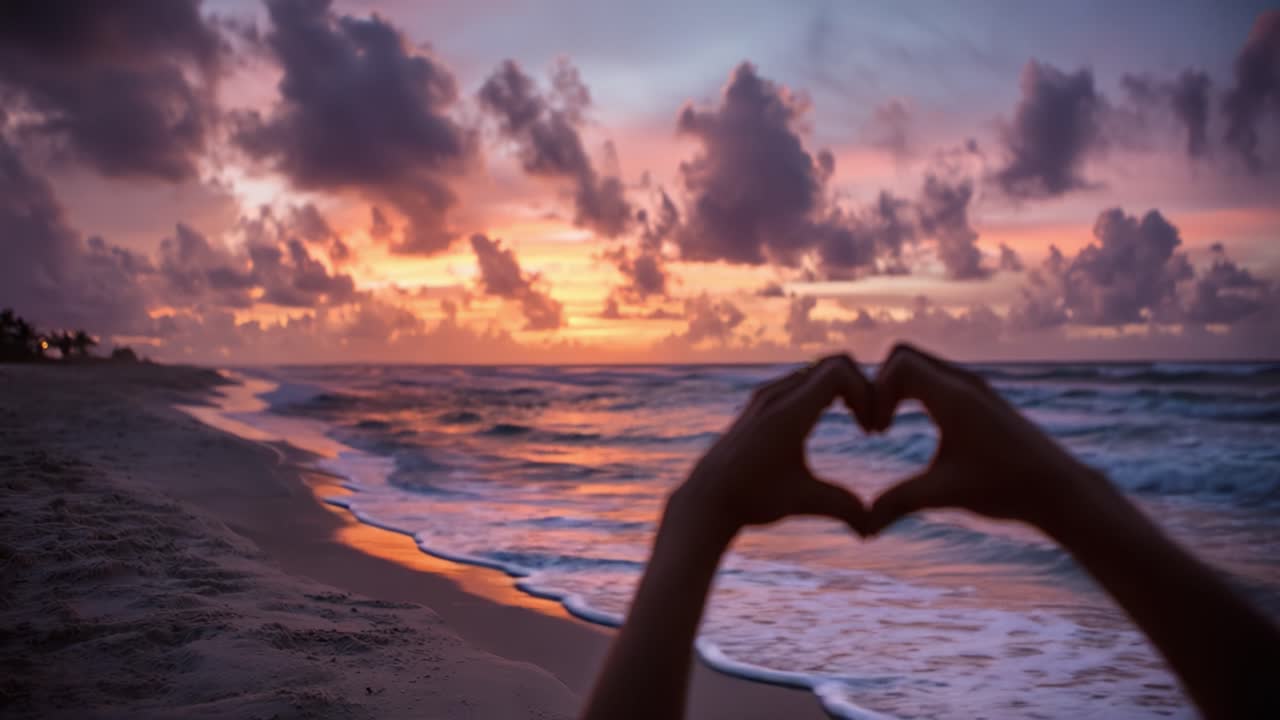 Een prachtige zonsondergang boven de oceaan met handen die een hartvorm maken, wat liefde en verbinding symboliseert op een sereen strandlandschap