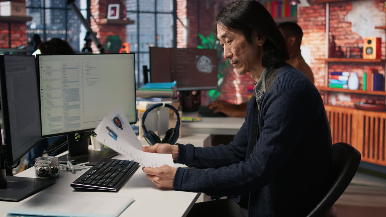 reclutador de recursos humanos de una startup tecnológica senior identificando candidatos para un trabajo, revisando currículums