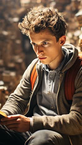 young man reading a book surrounded by towering stacks of books