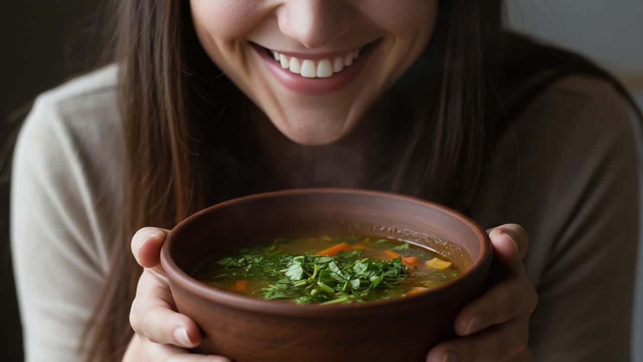 A Joyful Moment of Warmth and Nourishment: A Young Woman Smiling with a Bowl of Delicious, Steamy Soup Garnished with Fresh Herbs in a Cozy Setting