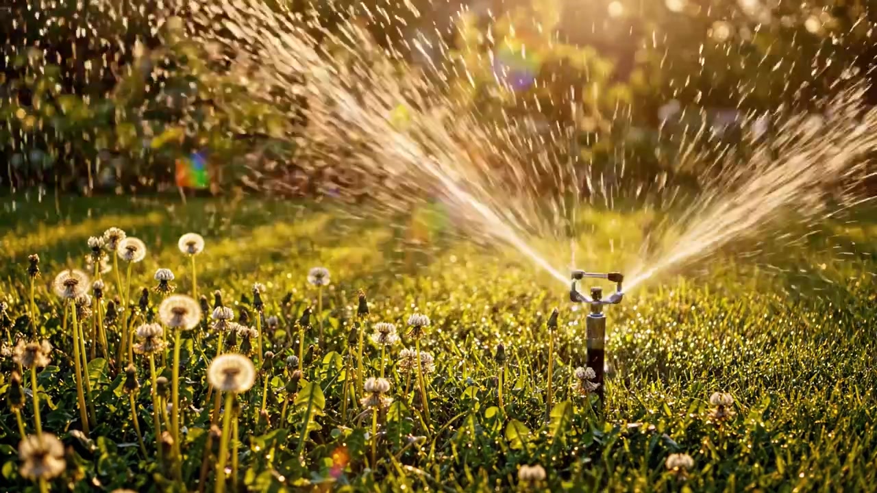 Una splendida scena serale di un irrigatore che annaffia un prato verde lussureggiante, favorendo la crescita dei soffioni sotto una calda luce dorata del sole.