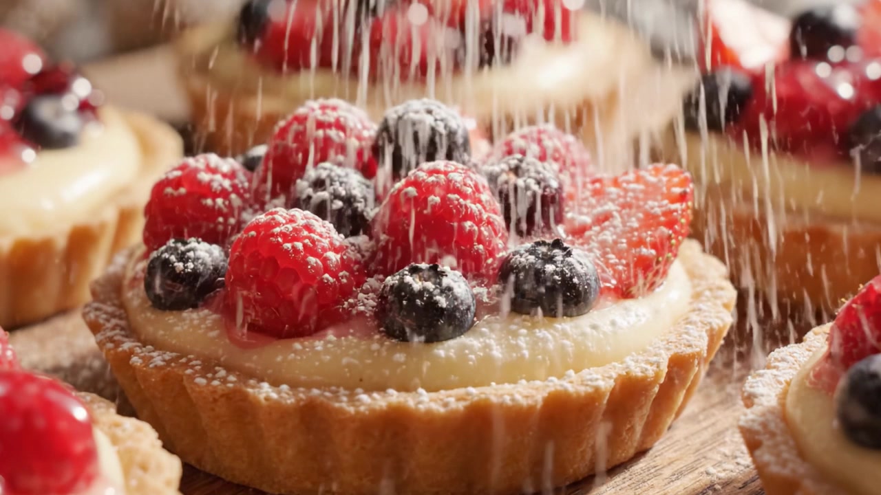 Deliziosa crostata ai frutti di bosco con crema pasticcera vellutata e lamponi freschi, fragole e mirtilli, delicatamente spolverata di zucchero a velo per un'esperienza di dessert irresistibile.